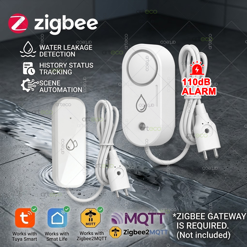 Water Alarm Sensor - เซ็นเซอร์ตรวจจับน้ำรั่วซึม Zigbee พร้อมไซเรนเตือน 110dB สำหรับห้องครัว/ห้องน้ำ รองรับ