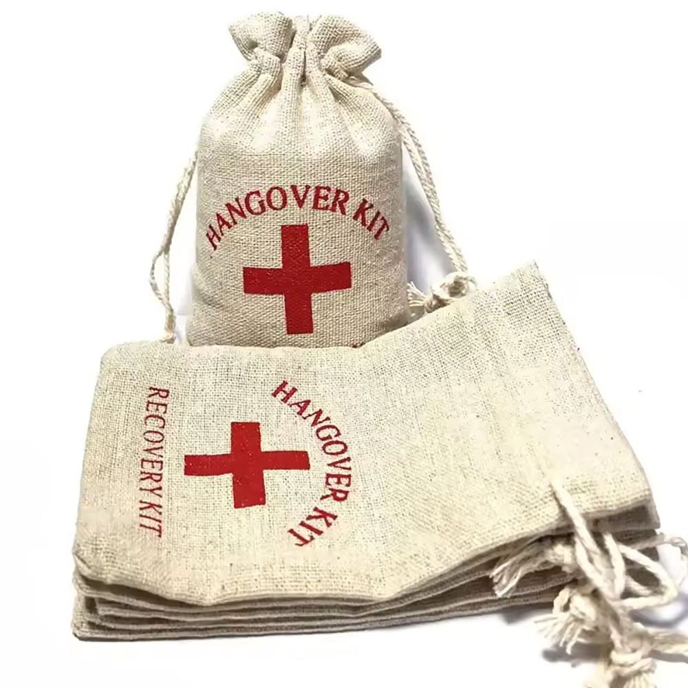 First Aid Bag Kit - ถุงผ้าฝ้ายลินินสำหรับงานปาร์ตี้คริสต์มาส 10/20/30/50 ชิ้น ชุดปฐมพยาบาลสำหรับอาการเมาค้าง ลายกากบาทสีแดง ถุงของขวัญสำหรับงานเทศกาล