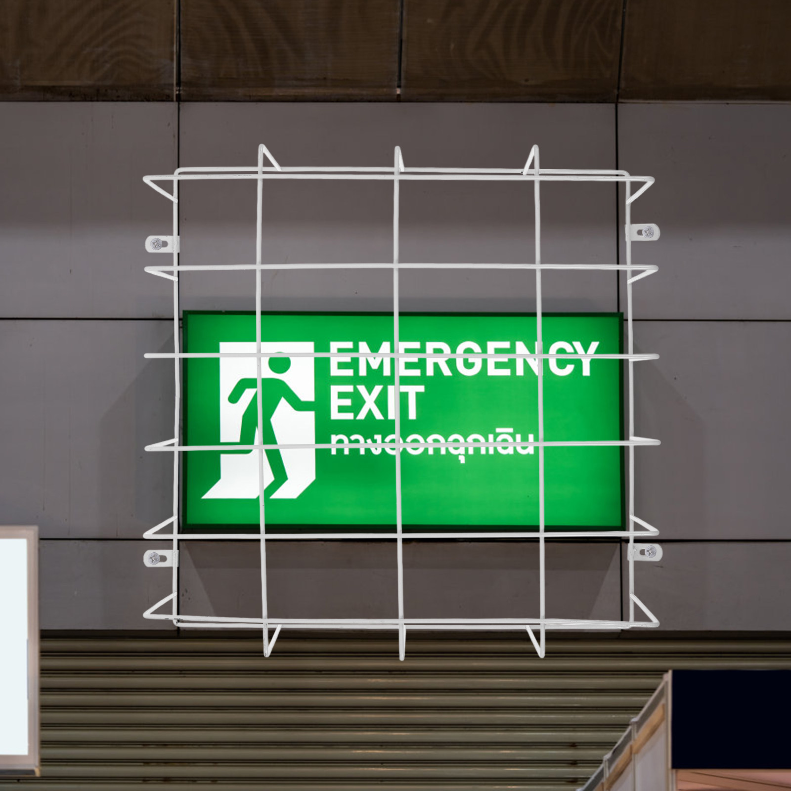 Emergency Exit Sign - กรงป้องกันไฟฉุกเฉินแบบติดผนัง ทำจากลวดสแตนเลส ป้องกันการชน ป้องกันการทำลาย สำหรับป้ายทางออก