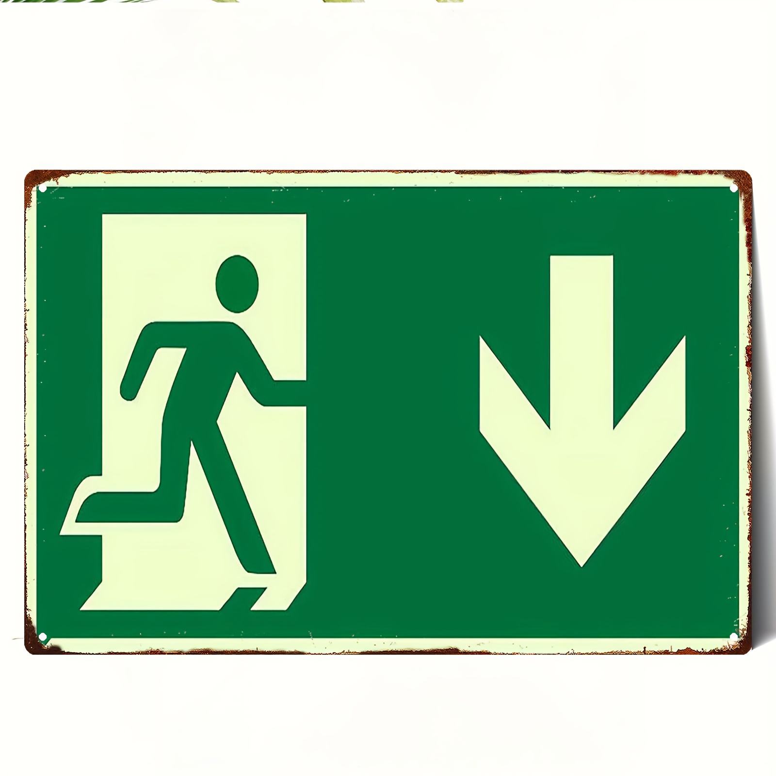 Emergency Exit Sign - ป้ายเหล็กโลหะวินเทจ 2 มิติ | ภาพวาดสัญลักษณ์ทางออกฉุกเฉินสีเขียว เหมาะสำหรับห้องนั่งเล่น