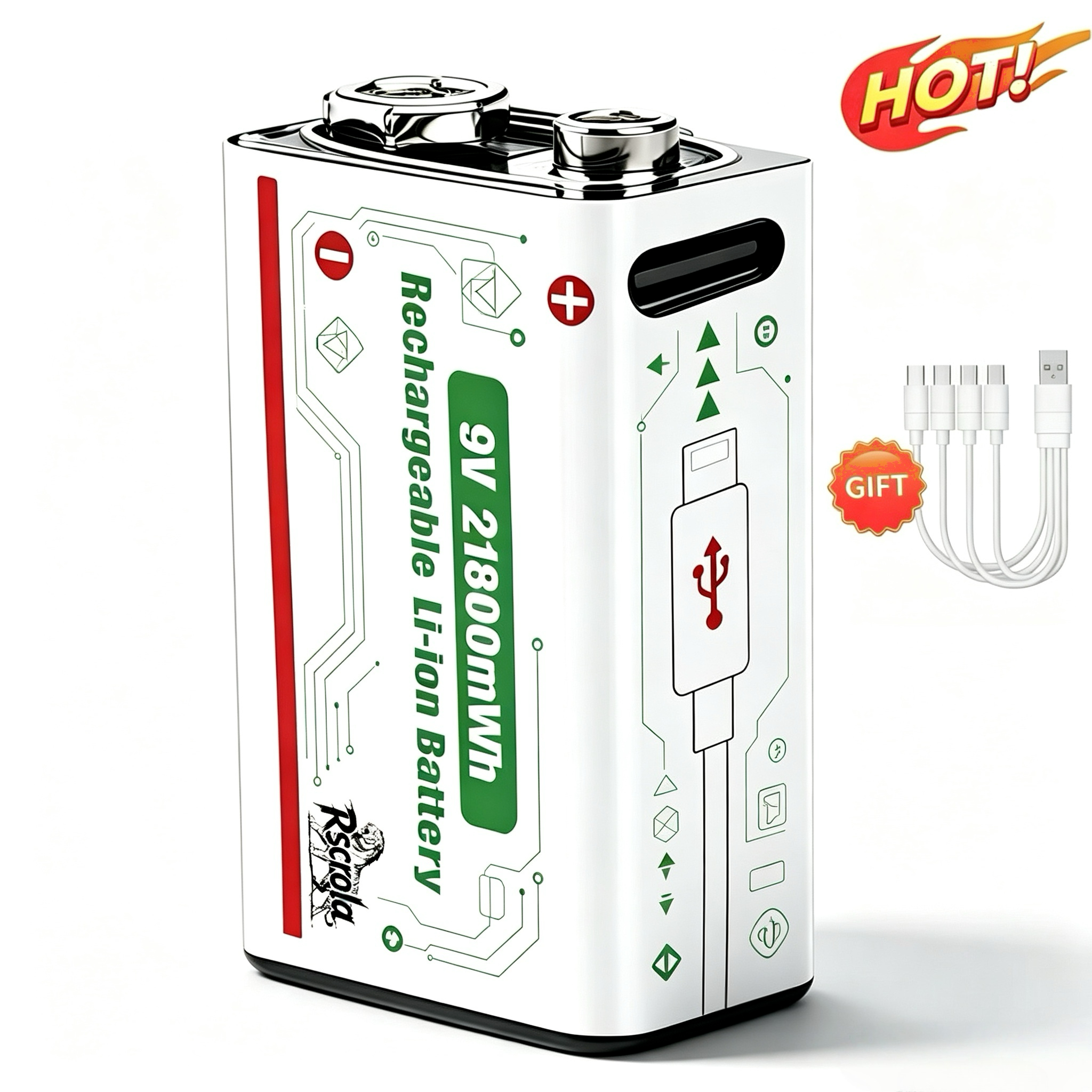 Smoke Detector Interconnected - แบตเตอรี่ลิเธียม-ไอออนแบบชาร์จได้ 9V 21800mWh ความจุสูง พร้อมสายสำหรับกีตาร์ ไมโครโฟน