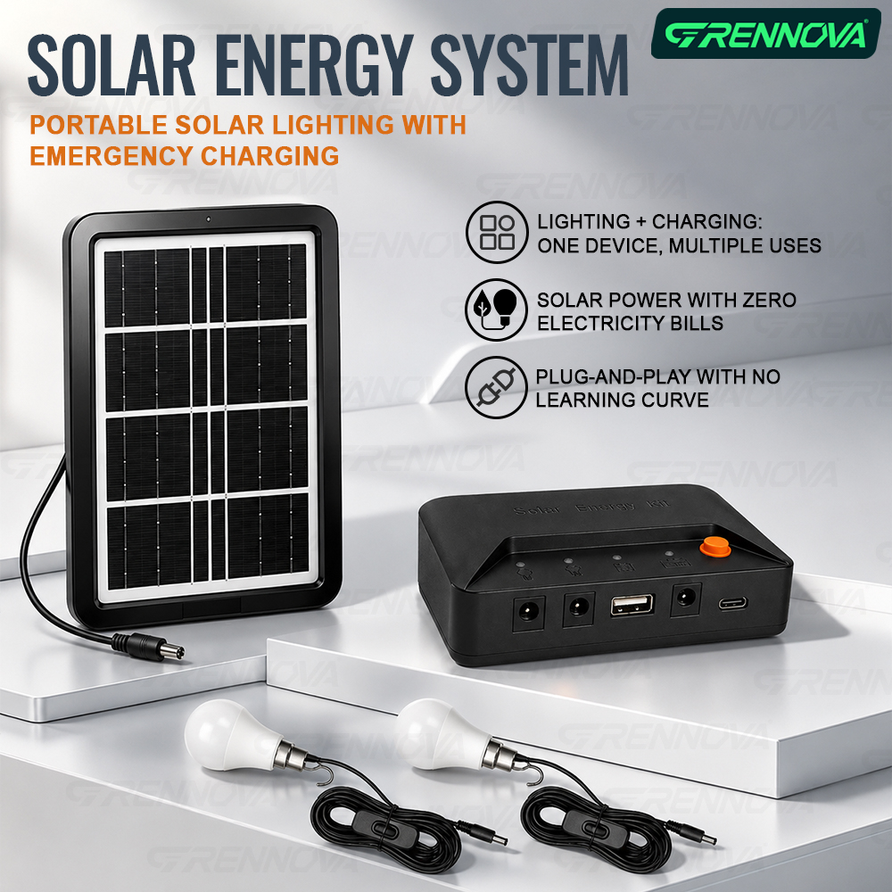 Power Outage Light - ชุดไฟพลังงานแสงอาทิตย์แบบพกพา Grennova พร้อมหลอดไฟ LED 2 หลอดแบบสวิตช์แยกอิสระ