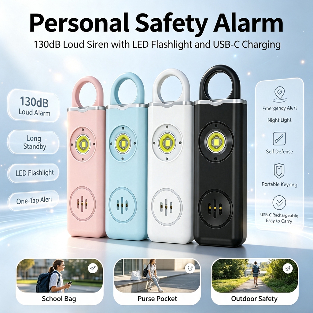 Personal Alarm Keychain - พวงกุญแจสัญญาณเตือนภัยส่วนบุคคลแบบชาร์จได้ 130dB, ไฟ LED กระพริบ สัญญาณเตือนภัยฉุกเฉิน