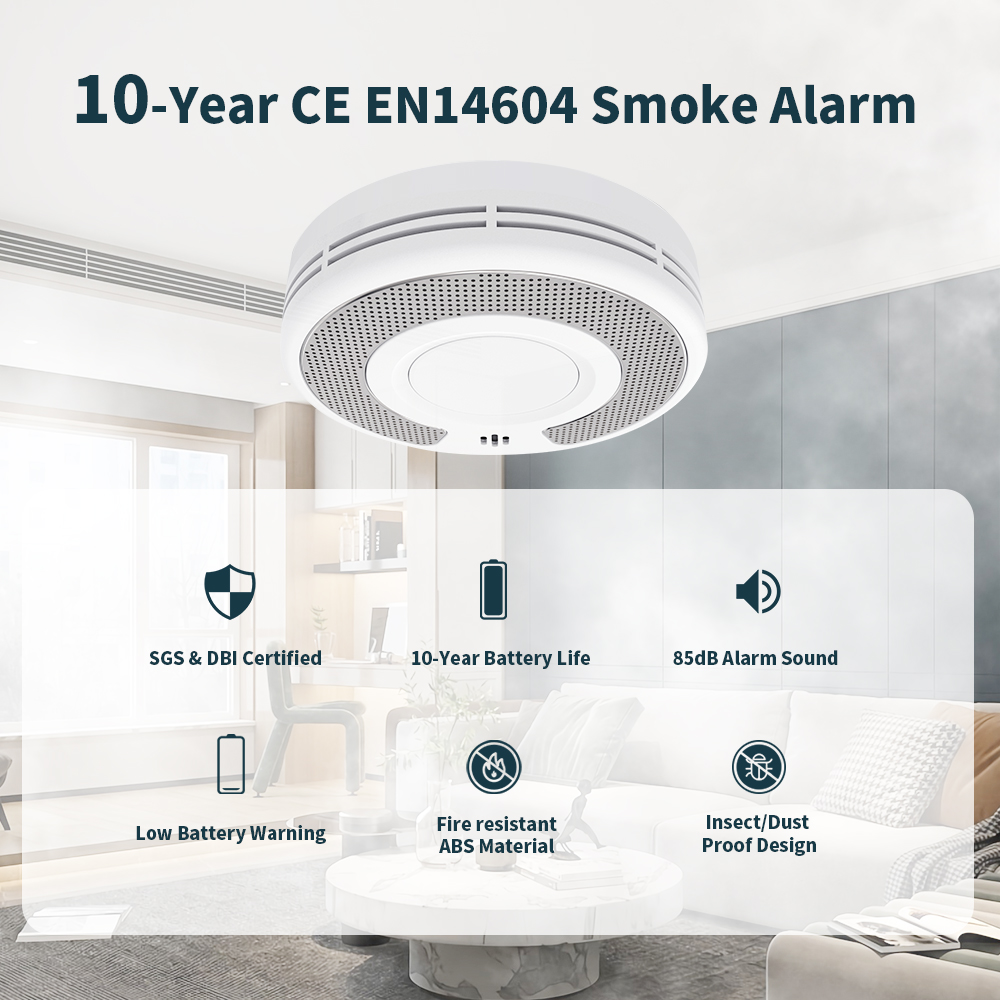 Smoke Detector Interconnected - เครื่องตรวจจับควันแบบสแตนด์อโลน, เครื่องตรวจจับควันพร้อมแบตเตอรี่ 10 ปี, สัญญาณเตือนไฟไหม้, CE/UKCA,
