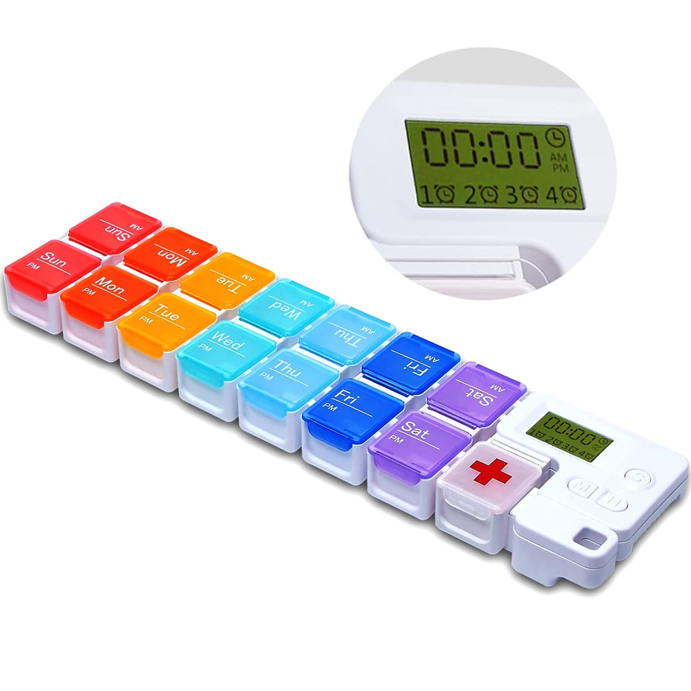 Medicine Cabinet Lock - 7 วัน Pill Organizer พร้อมเตือนยานาฬิกาปลุกรายสัปดาห์ขนาดใหญ่ความจุวิตามินกล่อง AM